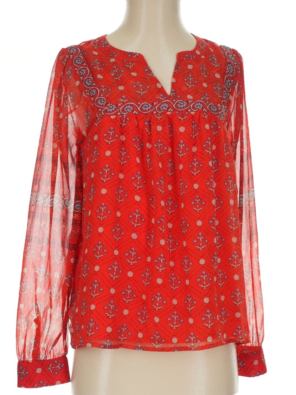 Lucky Brand Red Printed Long-Sleeve Sheer Blouse